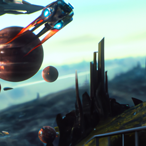 A science fiction scene with spaceships and planets